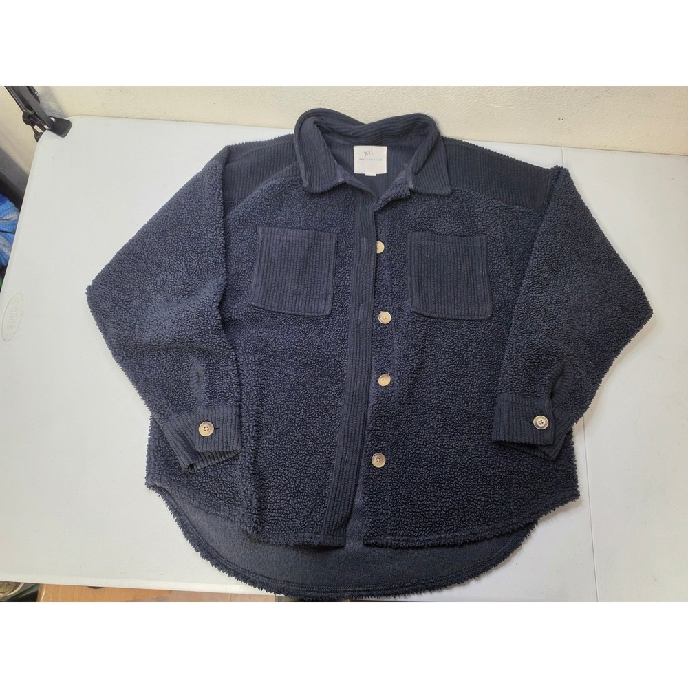 American Eagle Navy Blue Sherpa Shacket Corduroy Trim Fleece Jacket Small